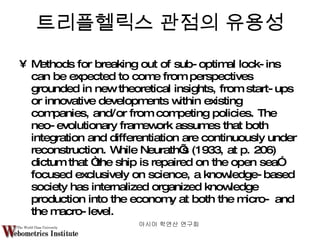 Methods for breaking out of sub-optimal lock-ins can be expected to come from perspectives grounded in new theoretical insights, from start-ups or innovative developments within existing companies, and/or from competing policies. The neo-evolutionary framework assumes that both integration and differentiation are continuously under reconstruction. While Neurath’s (1933, at p. 206) dictum that “the ship is repaired on the open sea” focused exclusively on science, a knowledge-based society has internalized organized knowledge production into the economy at both the micro- and the macro-level. 트리플헬릭스 관점의 유용성 아시아 학연산 연구회  