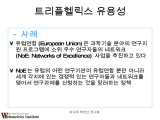 트리플헬릭스 유용성 - 사례 유럽연합 (European Union) 은 과학기술 분야의 연구지원 프로그램에 소위 우수 연구자들의 네트워크  (NoE: Networks of Excellence)  사업을 추진하고 있다 NoE 는 유럽의 어떤 연구기관이 유럽연합 뿐만 아니라 세계 각지에 있는 경쟁력 있는 연구자들과 네트워크를 맺어서 연구과제를 신청하는 것을 장려하는 정책 아시아 학연산 연구회  