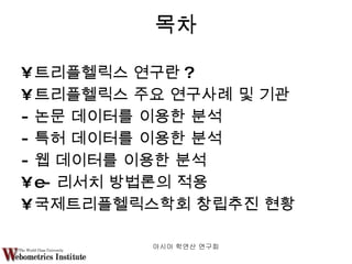목차 트리플헬릭스 연구란 ? 트리플헬릭스 주요 연구사례 및 기관  논문 데이터를 이용한 분석 특허 데이터를 이용한 분석 웹 데이터를 이용한 분석 e- 리서치 방법론의 적용 국제트리플헬릭스학회 창립추진 현황 아시아 학연산 연구회  