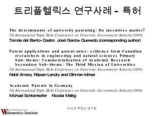 트리플헬릭스 연구사례 - 특허 The determinants of university patenting: Do incentives matter? 7th International Triple Helix Conference on University-Government-Industry(2009) Tomás del Barrio-Castro  José García-Quevedo (corresponding author) Patent applications and patent rates: evidence from Canadian researchers in engineering and natural sciences Primary Sub-theme: Commercialization of Academic Research Secondary Sub-theme: The Third Mission of Universities 7th International Triple Helix Conference on University-Government-Industry(2009) Nabil Amara, Réjean Landry and Othman Idrissi Academic Patents in Germany  7th International Triple Helix Conference on University-Government-Industry(2009) Michael Schleinkofer  Nicolai Mallig  아시아 학연산 연구회  