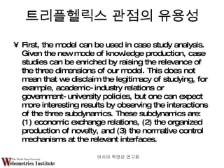 First, the model can be used in case study analysis. Given the new mode of knowledge production, case studies can be enriched by raising the relevance of the three dimensions of our model. This does not mean that we disclaim the legitimacy of studying, for example, academic-industry relations or government-university policies, but one can expect more interesting results by observing the interactions of the three subdynamics. These subdynamics are: (1) economic exchange relations, (2) the organized production of novelty, and (3) the normative control mechanisms at the relevant interfaces. 트리플헬릭스 관점의 유용성 아시아 학연산 연구회  