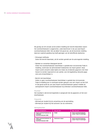 40   DIGITALE OVERDRACHT DEELNEMERGEGEVENS




                                             Als gevolg van dit verzoek zal de andere instelling een bericht klaarzetten waarin
                                             het overdrachtsdossier is opgenomen, zoals beschreven in de use case Export
                                             overdrachtsdossier-AAA. Dat zal alleen het geval zijn, als de leverende instelling
                                             daarvoor expliciet goedkeuring heeft gekregen van de betreffende deelnemer.


                                             - Ontvangst notiﬁcatie
                                              Zodra het bericht klaarstaat, zal dit worden gemeld aan de aanvragende instelling.


                                             - Ophalen en verwerken klaargezet bericht
                                              Indien het overdrachtsdossier beschikbaar is gesteld door de leverende Triple A-
                                              instelling, wordt door de administratief medewerker de import gestart. Deze
                                              import wordt verwerkt zodat tijdens de intake de al bekende gegevens niet meer
                                              hoeven te worden ingevoerd en een aantal, voor de begeleiding relevante gege-
                                              vens ook al beschikbaar is.


                                             - Bericht niet beschikbaar
                                              Indien er geen overdrachtsdossier beschikbaar is gesteld door de leverende
                                              Triple A-instelling kan er eventueel worden gekozen voor een import via het CUP.
                                              In dat geval wordt de use case Import overdrachtsdossier gestart middels de
                                              werkopdracht Import overdrachtsdossier bij ontbreken overdrachtsdossier-AAA.


                                             Resultaat
                                             Het resultaat is dat de kernregistratie is aangevuld met de gegevens uit het over-
                                             drachtsdossier.


                                             Frequentie
                                             - éénmaal per student bij de verwerking van de aanmelding
                                             - éénmaal per student bij het activeren van de verbintenis


                                             Werkopdrachten
 