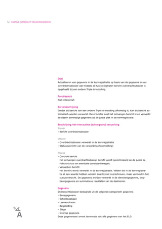 72   DIGITALE OVERDRACHT DEELNEMERGEGEVENS




                                             Doel
                                             Actualiseren van gegevens in de kernregistratie op basis van de gegevens in een
                                             overdrachtsdossier dat middels de functie Ophalen bericht overdrachtsdossier is
                                             opgehaald bij een andere Triple A-instelling.


                                             Functiesoort
                                             Niet-interactief.


                                             Korte beschrijving
                                             Omdat dit bericht van een andere Triple A-instelling afkomstig is, kan dit bericht au-
                                             tomatisch worden verwerkt. Deze functie leest het ontvangen bericht in en verwerkt
                                             de daarin aanwezige gegevens op de juiste plek in de kernregistratie.


                                             Beschrijving niet-interactieve (achtergrond) verwerking
                                             Invoer
                                             - Bericht overdrachtsdossier


                                             Uitvoer
                                             - Overdrachtsdossier verwerkt in de kernregistratie
                                             - Statusoverzicht van de verwerking (foutmelding)


                                             Proces
                                             - Controle bericht
                                              Het ontvangen overdrachtsdossier bericht wordt gecontroleerd op de juiste be-
                                              richtstructuur en eventuele consistentieregels.
                                             - Verwerken bericht
                                              Het bericht wordt verwerkt in de kernregistratie. Velden die in de kernregistra-
                                              tie al een waarde hebben worden daarbij niet overschreven, maar vermeld in het
                                              statusoverzicht. De gegevens worden verwerkt in de identiteitgegevens, loop-
                                              baangegevens en summatieve resultaten van de deelnemer.


                                             Gegevens
                                             Overdrachtsdossier bestaande uit de volgende categorieën gegevens
                                             - Basisgegevens
                                             - Schoolloopbaan
                                             - Leerresultaten
                                             - Begeleiding
                                             - Stage
                                             - Overige gegevens
                                             Deze gegevensset omvat tenminste ook alle gegevens van het ELD.
 