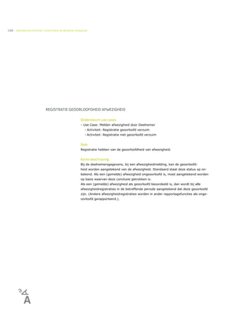 166   ONDERWIJSLOGISTIEK, ROOSTEREN EN BEHEREN MIDDELEN




                          REGISTRATIE GEOORLOOFDHEID AFWEZIGHEID

                                                  Ondersteunt use cases
                                                  - Use Case: Melden afwezigheid door Deelnemer
                                                     •   Activiteit: Registratie geoorloofd verzuim
                                                     •   Activiteit: Registratie niet geoorloofd verzuim


                                                  Doel
                                                  Registratie hebben van de geoorloofdheid van afwezigheid.


                                                  Korte beschrijving
                                                  Bij de deelnemersgegevens, bij een afwezigheidmelding, kan de geoorloofd-
                                                  heid worden aangetekend van de afwezigheid. Standaard staat deze status op on-
                                                  bekend. Als een (gemelde) afwezigheid ongeoorloofd is, moet aangetekend worden
                                                  op basis waarvan deze conclusie getrokken is.
                                                  Als een (gemelde) afwezigheid als geoorloofd beoordeeld is, dan wordt bij alle
                                                  afwezigheidregistraties in de betreffende periode aangetekend dat deze geoorloofd
                                                  zijn. (Andere afwezigheidregistraties worden in ander rapportagefuncties als onge-
                                                  oorloofd gerapporteerd.).
 