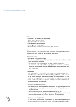 48   PRIMAIR PROCES ONDERSTEUNING EN PORTFOLIO




                                                 Actoren
                                                 - Deelnemer - als verzoeker en beoordeelde
                                                 - Coach/docent - als beoordelaar
                                                 - Trajectbegeleider - als verzoeker
                                                 - Praktijkopleider - als beoordeling
                                                 - Stagebegeleider - als beoordeling
                                                 - Mededeelnemer - als medebeoordelaar (bv 360gr feedback)


                                                 Doel
                                                 Inzicht verkrijgen in de vorderingen van de deelnemer voor wat betreft competen-
                                                 ties en kennis, door middel van een formatieve beoordeling.


                                                 Beschrijving acties
                                                 - Beschikbaar stellen toetsmateriaal
                                                  De deelnemer stelt de te beoordelen producten beschikbaar aan de deelnemer. Dit
                                                  kan op verschillende manieren:
                                                   •   de deelnemer levert een toets, een werkstuk of andere producten in
                                                   •   de deelnemer geeft de beoordelaar toegang tot een verzameling gebundelde
                                                       producten in zijn portfolio, middels de Werkopdracht beschikbaar stellen pro-
                                                       duct uit portfolio


                                                 - Beoordelen
                                                  Voor de beoordeling is de relevante informatie uit de onderwijscatalogus beho-
                                                  rende bij het product noodzakelijk. De beoordeling vindt plaats aan de hand van
                                                  bij het product behorende beoordelingscriteria uit de productcatalogus. Dit kan
                                                  betekenen dat de producten worden beoordeeld op het toepassen van de compe-
                                                  tenties waaraan het product gekoppeld is, of dat een bepaalde toetsmatrijs (een
                                                  beoordelingsformat) wordt gebruikt.


                                                 - Vastleggen resultaten beoordeling
                                                  Het resultaat van de beoordeling wordt vastgelegd in een beoordelingsregistratie.
                                                   •   competenties in een competentiematrix met eventueel als hulpmiddel een be-
                                                       oordelingsformat
                                                   •   kennis in een cijferformat (voldoende/onvoldoende, 1..10, etc.)
                                                   De resultaten van de beoordelingen worden zo nodig beschikbaar gesteld aan de
                                                   registrant (bijvoorbeeld: resultaten uit stages c.q. van leerbedrijven)


                                                 - Signaleren noodzakelijke acties
                                                  Zo nodig (indien de beoordeling hier aanleiding toe geeft) in het begeleidingsdos-
                                                  sier een notitie opnemen ten behoeve van de trajectbegeleiding (bv een sugges-
 