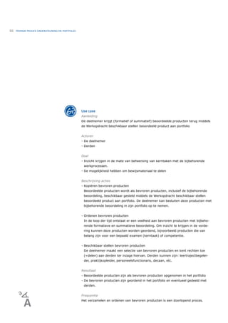 66   PRIMAIR PROCES ONDERSTEUNING EN PORTFOLIO




                                                 Use case
                                                 Aanleiding
                                                 De deelnemer krijgt (formatief of summatief) beoordeelde producten terug middels
                                                 de Werkopdracht beschikbaar stellen beoordeeld product aan portfolio


                                                 Actoren
                                                 - De deelnemer
                                                 - Derden


                                                 Doel
                                                 - Inzicht krijgen in de mate van beheersing van kerntaken met de bijbehorende
                                                  werkprocessen.
                                                 - De mogelijkheid hebben om bewijsmateriaal te delen


                                                 Beschrijving acties
                                                 - Kopiëren bevroren producten
                                                  Beoordeelde producten wordt als bevroren producten, inclusief de bijbehorende
                                                  beoordeling, beschikbaar gesteld middels de Werkopdracht beschikbaar stellen
                                                  beoordeeld product aan portfolio. De deelnemer kan besluiten deze producten met
                                                  bijbehorende beoordeling in zijn portfolio op te nemen.


                                                 - Ordenen bevroren producten
                                                  In de loop der tijd ontstaat er een veelheid aan bevroren producten met bijbeho-
                                                  rende formatieve en summatieve beoordeling. Om inzicht te krijgen in de vorde-
                                                  ring kunnen deze producten worden geordend, bijvoorbeeld producten die van
                                                  belang zijn voor een bepaald examen (kerntaak) of competentie.


                                                 - Beschikbaar stellen bevroren producten
                                                  De deelnemer maakt een selectie van bevroren producten en kent rechten toe
                                                  (=delen) aan derden ter inzage hiervan. Derden kunnen zijn: leertrajectbegelei-
                                                  der, praktijkopleider, personeelsfunctionaris, decaan, etc.


                                                 Resultaat
                                                 - Beoordeelde producten zijn als bevroren producten opgenomen in het portfolio
                                                 - De bevroren producten zijn geordend in het portfolio en eventueel gedeeld met
                                                  derden.


                                                 Frequentie
                                                 Het verzamelen en ordenen van bevroren producten is een doorlopend proces.
 