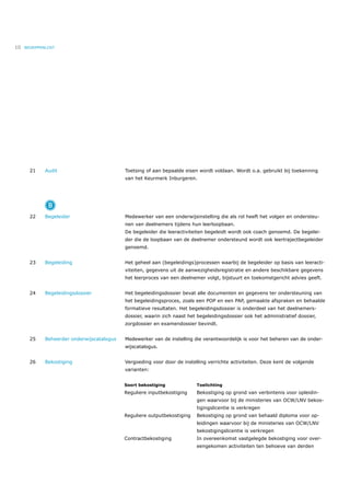 10   BEGRIPPENLIJST




       21     Audit                          Toetsing of aan bepaalde eisen wordt voldaan. Wordt o.a. gebruikt bij toekenning
                                             van het Keurmerk Inburgeren.




                B
       22     Begeleider                     Medewerker van een onderwijsinstelling die als rol heeft het volgen en ondersteu-
                                             nen van deelnemers tijdens hun leerloopbaan.
                                             De begeleider die leeractiviteiten begeleidt wordt ook coach genoemd. De begelei-
                                             der die de loopbaan van de deelnemer ondersteund wordt ook leertrajectbegeleider
                                             genoemd.


       23     Begeleiding                    Het geheel aan (begeleidings)processen waarbij de begeleider op basis van leeracti-
                                             viteiten, gegevens uit de aanwezigheidsregistratie en andere beschikbare gegevens
                                             het leerproces van een deelnemer volgt, bijstuurt en toekomstgericht advies geeft.


       24     Begeleidingsdossier            Het begeleidingsdossier bevat alle documenten en gegevens ter ondersteuning van
                                             het begeleidingsproces, zoals een POP en een PAP, gemaakte afspraken en behaalde
                                             formatieve resultaten. Het begeleidingsdossier is onderdeel van het deelnemers-
                                             dossier, waarin zich naast het begeleidingsdossier ook het administratief dossier,
                                             zorgdossier en examendossier bevindt.


       25     Beheerder onderwijscatalogus   Medewerker van de instelling die verantwoordelijk is voor het beheren van de onder-
                                             wijscatalogus.


       26     Bekostiging                    Vergoeding voor door de instelling verrichte activiteiten. Deze kent de volgende
                                             varianten:


                                             Soort bekostiging             Toelichting
                                             Reguliere inputbekostiging    Bekostiging op grond van verbintenis voor opleidin-
                                                                           gen waarvoor bij de ministeries van OCW/LNV bekos-
                                                                           tigingslicentie is verkregen
                                             Reguliere outputbekostiging   Bekostiging op grond van behaald diploma voor op-
                                                                           leidingen waarvoor bij de ministeries van OCW/LNV
                                                                           bekostigingslicentie is verkregen
                                             Contractbekostiging           In overeenkomst vastgelegde bekostiging voor over-
                                                                           eengekomen activiteiten ten behoeve van derden
 