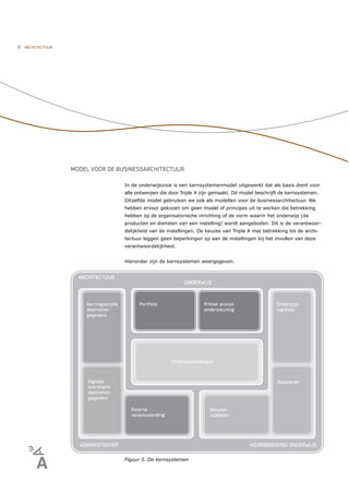 8   ARCHITECTUUR




                   MODEL VOOR DE BUSINESSARCHITECTUUR

                                   In de onderwijsvisie is een kernsystemenmodel uitgewerkt dat als basis dient voor
                                   alle ontwerpen die door Triple A zijn gemaakt. Dit model beschrijft de kernsystemen.
                                   Ditzelfde model gebruiken we ook als modellen voor de businessarchitectuur. We
                                   hebben ervoor gekozen om geen model of principes uit te werken die betrekking
                                   hebben op de organisatorische inrichting of de vorm waarin het onderwijs (de
                                   producten en diensten van een instelling) wordt aangeboden. Dit is de verantwoor-
                                   delijkheid van de instellingen. De keuzes van Triple A met betrekking tot de archi-
                                   tectuur leggen geen beperkingen op aan de instellingen bij het invullen van deze
                                   verantwoordelijkheid.


                                   Hieronder zijn de kernsystemen weergegeven.




                                   Figuur 5. De kernsystemen
 