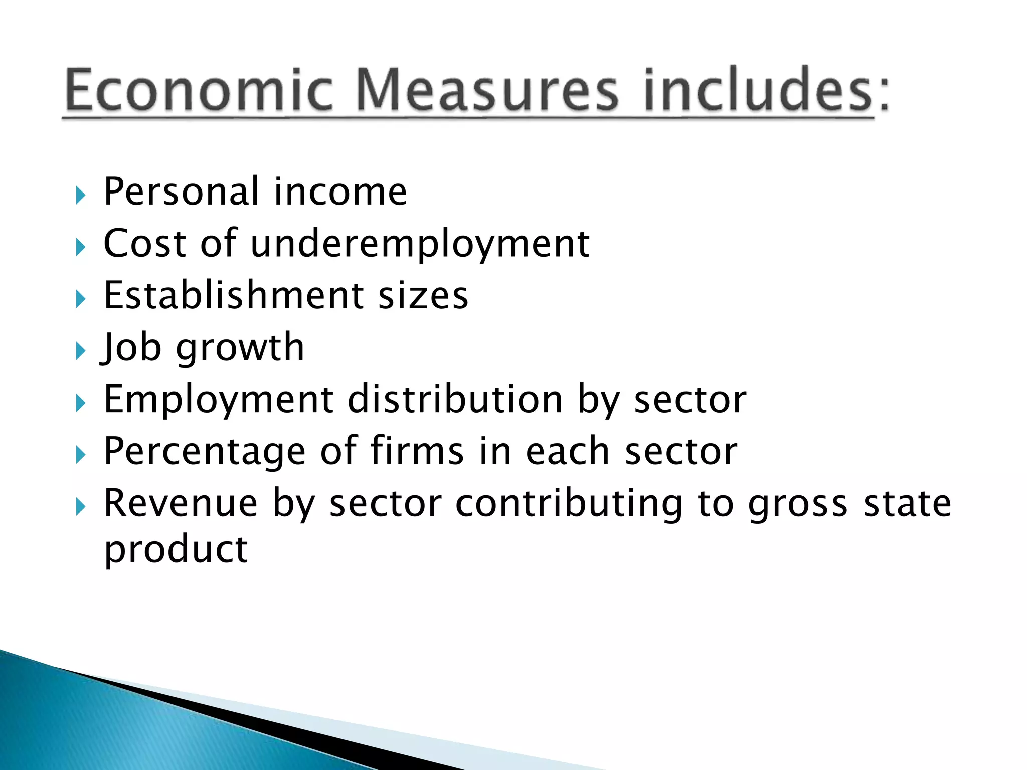  Personal income
 Cost of underemployment
 Establishment sizes
 Job growth
 Employment distribution by sector
 Percentage of firms in each sector
 Revenue by sector contributing to gross state
product
 