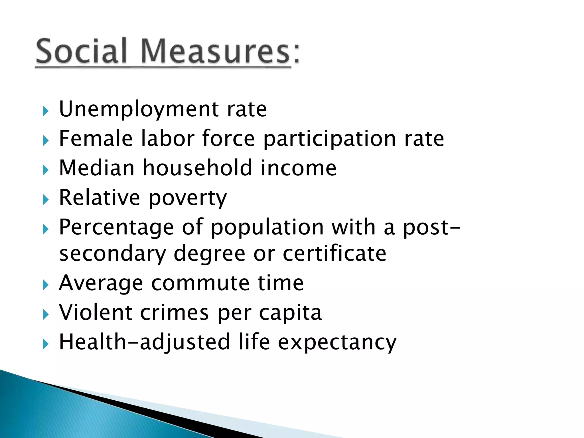  Unemployment rate
 Female labor force participation rate
 Median household income
 Relative poverty
 Percentage of population with a post-
secondary degree or certificate
 Average commute time
 Violent crimes per capita
 Health-adjusted life expectancy
 