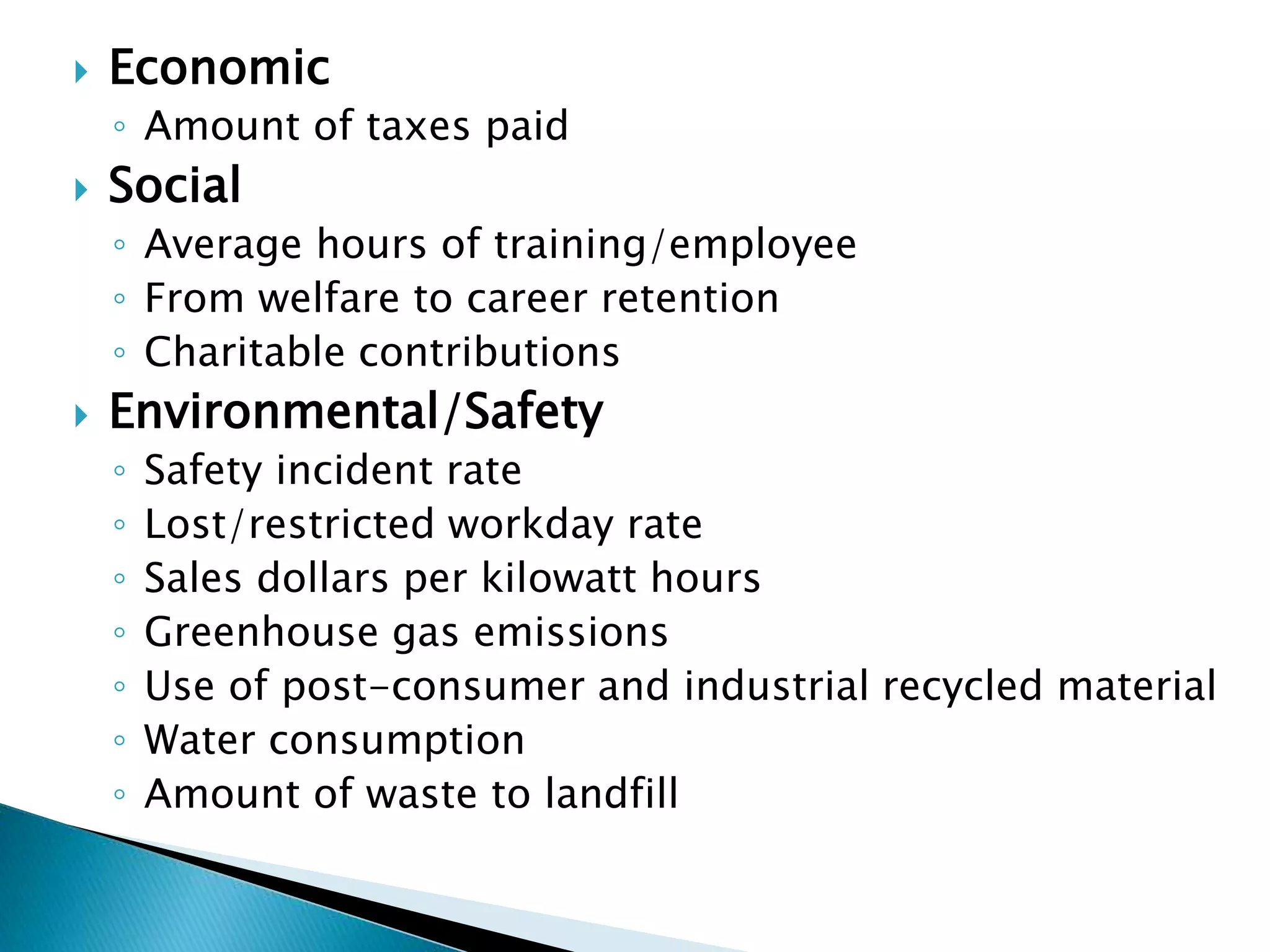  Economic
◦ Amount of taxes paid
 Social
◦ Average hours of training/employee
◦ From welfare to career retention
◦ Charitable contributions
 Environmental/Safety
◦ Safety incident rate
◦ Lost/restricted workday rate
◦ Sales dollars per kilowatt hours
◦ Greenhouse gas emissions
◦ Use of post-consumer and industrial recycled material
◦ Water consumption
◦ Amount of waste to landfill
 
