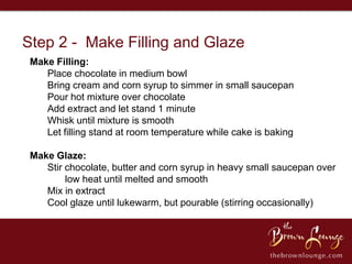 Step 2 - Make Filling and Glaze
 Make Filling:
    Place chocolate in medium bowl
    Bring cream and corn syrup to simmer in small saucepan
    Pour hot mixture over chocolate
    Add extract and let stand 1 minute
    Whisk until mixture is smooth
    Let filling stand at room temperature while cake is baking

 Make Glaze:
    Stir chocolate, butter and corn syrup in heavy small saucepan over
         low heat until melted and smooth
    Mix in extract
    Cool glaze until lukewarm, but pourable (stirring occasionally)
 