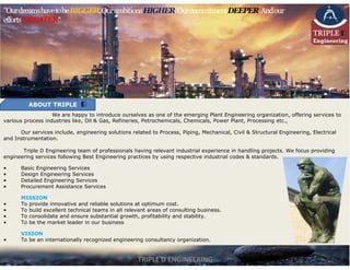 We are happy to introduce ourselves as one of the emerging Plant Engineering organization, offering services to
various process industries like, Oil & Gas, Refineries, Petrochemicals, Chemicals, Power Plant, Processing etc.,  
Our services include, engineering solutions related to Process, Piping, Mechanical, Civil & Structural Engineering, Electrical
and Instrumentation.
Triple D Engineering team of professionals having relevant industrial experience in handling projects. We focus providing
engineering services following Best Engineering practices by using respective industrial codes & standards.
• Basic Engineering Services
• Design Engineering Services
• Detailed Engineering Services
• Procurement Assistance Services
MISSION
• To provide innovative and reliable solutions at optimum cost.
• To build excellent technical teams in all relevant areas of consulting business.
• To consolidate and ensure substantial growth, profitability and stability.
• To be the market leader in our business
VISION
• To be an internationally recognized engineering consultancy organization.
ABOUT TRIPLE D
"OurdreamshavetobeBIGGER.OurambitionsHIGHER.OurcommitmentDEEPER.Andour
effortsGREATER” 
TRIPLE D ENGINEERING 
 