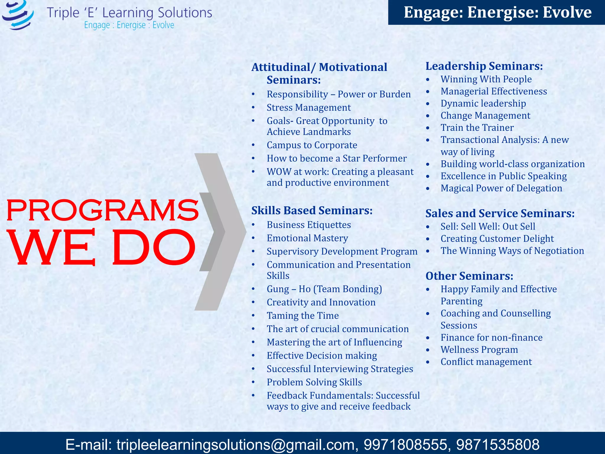 E-mail: training@triplee.in | M - 9899698983, 9871535808
Engage: Energise: Evolve
Arun Sharma
Consultant Trainer, Triple ‘E’
Learning Solutions
Arun Sharma is a Young, Dynamic & Energetic technical Trainer. He is B.tech, MBA by qualification.
He has 10 years of Strong Industrial & Consulting Experience in various organizations conducted 100 +
training’s on technical topics like 5S, 7QC tools, Lean & Business Excellence tools etc. In the past he has been
associated with companies like Minda Industries, Imperial Auto etc.
He is a Certified Auditor for ISO 9001:2008, ISO/TS 16949:2009, ISO14001:2004 & OHSAS 18001:2004 & Six
Sigma Black Belt BOK from ASQ.
Significant Highlight:
• Successful Certification of Organization for ISO/TS 16949:2009, ISO 14001:2004 & OHSAS 18001:2007
as ‘Management Representative’
• Successfully certified the organization for D.O.L status by Hero MotoCorp.
• Establishment of ‘Toyota Inspection Std.’ on line for final inspection
• Lean Consulting for 1S-2S, Kaizen, Deep Analysis & Quality Circle
• Leaded & Guided 20 plus Quality/TPM Circle team at CII/QCFI/TKML/ACMA Forum
• Getting the organization ‘Productivity & Manufacturing Excellence Award’ by ACMA (Gold Award)
• Some of the training topics that he facilitate training workshops on are: 5S, 7QC Tools - New/Old,
Problem Solving Techniques/CAPA, Quality Circle/CFT, Kaizen & Pokayoke, VA/VE, SMED, 3M, Cost of
Quality, Lean & Business Excellence Tools, TPS, PPAP & APQP ,SPC & MSA, FMEA ,Six Sigma – Green Belt,
TPM Awareness/QM Pillar
 