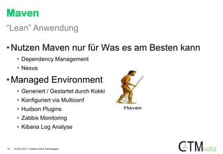 Maven
“Lean” Anwendung

• Nutzen Maven nur für Was es am Besten kann
• Dependency Management
• Nexus

• Managed Environment
• Generiert / Gestartet durch Kokki
• Konfiguriert via Multiconf
• Hudson Plugins
• Zabbix Monitoring
• Kibana Log Analyse

15

© 2012-2013 Creative Arts & Technologies

 