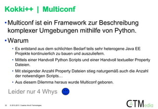 Kokki++ | Multiconf
• Multiconf ist ein Framework zur Beschreibung
komplexer Umgebungen mithilfe von Python.

• Warum
• Es entstand aus dem schlichten Bedarf teils sehr heterogene Java EE
Projekte kontinuierlich zu bauen und auszuliefern.
• Mittels einer Handvoll Python Scripts und einer Handvoll textueller Property
Dateien.
• Mit steigender Anzahl Property Dateien stieg naturgemäß auch die Anzahl
der notwendigen Scripts…
• Aus diesem Dilemma heraus wurde Multiconf geboren.

Leider nur 4 Whys
22

© 2012-2013 Creative Arts & Technologies

 