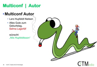Multiconf | Autor
• Multiconf Autor
• Lars Hupfeldt Nielsen
• Alles Gute zum
Geburtstag,
Selma Lagerlöf
wünscht
„Nils Hupfeldtsson“

26

© 2013 Creative Arts & Technologies

 