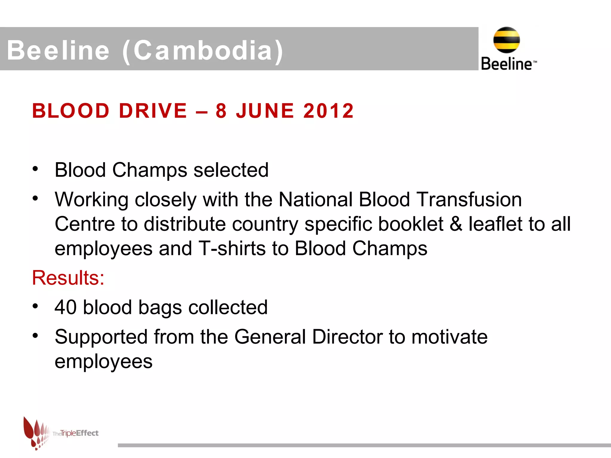 Beeline (Cambodia)

 BLOOD DRIVE – 8 JUNE 2012

 • Blood Champs selected
 • Working closely with the National Blood Transfusion
   Centre to distribute country specific booklet & leaflet to all
   employees and T-shirts to Blood Champs
 Results:
 • 40 blood bags collected
 • Supported from the General Director to motivate
   employees
 