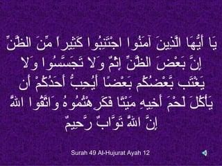 ‫َا َ ّ َا اّ ِي َ آ َ ُوا اجْ َ ِ ُوا َ ِيرً ّ َ ال ّ ّ‬
‫تنب كث ا من ظن‬                      ‫ي أيه لذ ن من‬
   ‫ِ ّ َعْ َ ال ّ ّ ِثْ ٌ َل ت َ ّ ُوا َل‬
      ‫إن ب ض ظن إ م و َجسس و‬
   ‫َغْ َب ّعْ ُ ُم َعْ ًا َ ُ ِ ّ َ َ ُ ُمْ َن‬
     ‫ي ت ب ضك ب ض أيحب أحدك أ‬
 ‫ي كل ل م أخ ه م ت فكر تم ه و تق ل‬
 ‫ّ‬
 ‫َأْ ُ َ َحْ َ َ ِي ِ َيْ ًا َ َ ِهْ ُ ُو ُ َا ّ ُوا ا َ‬
               ‫إن ّ تو ب رح م‬
               ‫ِ ّ ا َ َ ّا ٌ ّ ِي ٌ‬
                                  ‫ل‬
                 ‫21 ‪Surah 49 Al-Hujurat Ayah‬‬
 
