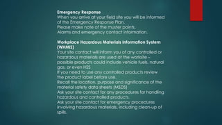 Emergency Response
When you arrive at your field site you will be informed
of the Emergency Response Plan.
Please make note of the muster points.
Alarms and emergency contact information.
Workplace Hazardous Materials Information System
(WHMIS)
Your site contact will inform you of any controlled or
hazardous materials are used at the worksite –
possible products could include vehicle fuels, natural
gas, or even H2S
If you need to use any controlled products review
the product label before use.
Recall the location, purpose and significance of the
material safety data sheets (MSDS)
Ask your site contact for any procedures for handling
hazardous and controlled products.
Ask your site contact for emergency procedures
involving hazardous materials, including clean-up of
spills.
 