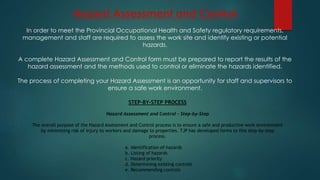 STEP-BY-STEP PROCESS
Hazard Assessment and Control - Step-by-Step
The overall purpose of the Hazard Assessment and Control process is to ensure a safe and productive work environment
by minimizing risk of injury to workers and damage to properties. TJP has developed forms to this step-by-step
process.
a. Identification of hazards
b. Listing of hazards
c. Hazard priority
d. Determining existing controls
e. Recommending controls
Hazard Assessment and Control
In order to meet the Provincial Occupational Health and Safety regulatory requirements,
management and staff are required to assess the work site and identify existing or potential
hazards.
A complete Hazard Assessment and Control form must be prepared to report the results of the
hazard assessment and the methods used to control or eliminate the hazards identified.
The process of completing your Hazard Assessment is an opportunity for staff and supervisors to
ensure a safe work environment.
 