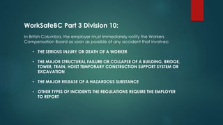 WorkSafeBC Part 3 Division 10:
In British Columbia, the employer must immediately notify the Workers
Compensation Board as soon as possible of any accident that involves:
• THE SERIOUS INJURY OR DEATH OF A WORKER
• THE MAJOR STRUCTURAL FAILURE OR COLLAPSE OF A BUILDING, BRIDGE,
TOWER, TRAIN, HOIST TEMPORARY CONSTRUCTION SUPPORT SYSTEM OR
EXCAVATION
• THE MAJOR RELEASE OF A HAZARDOUS SUBSTANCE
• OTHER TYPES OF INCIDENTS THE REGULATIONS REQUIRE THE EMPLOYER
TO REPORT
 