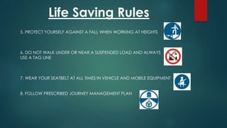 5. PROTECT YOURSELF AGAINST A FALL WHEN WORKING AT HEIGHTS
6. DO NOT WALK UNDER OR NEAR A SUSPENDED LOAD AND ALWAYS
USE A TAG LINE
7. WEAR YOUR SEATBELT AT ALL TIMES IN VEHICLE AND MOBILE EQUIPMENT
8. FOLLOW PRESCRIBED JOURNEY MANAGEMENT PLAN
Life Saving Rules
 
