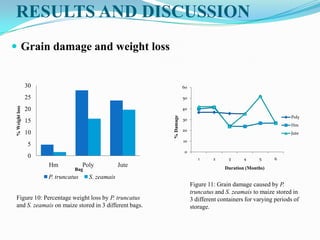 RESULTS AND DISCUSSION
 Grain damage and weight loss
0
5
10
15
20
25
30
Hm Poly Jute
P. truncatus S. zeamais
%Weightloss
Bag
Figure 10: Percentage weight loss by P. truncatus
and S. zeamais on maize stored in 3 different bags.
0
10
20
30
40
50
60
1 2 3 4 5 6
Poly
Hm
Jute
%Damage
Duration (Months)
Figure 11: Grain damage caused by P.
truncatus and S. zeamais to maize stored in
3 different containers for varying periods of
storage.
 