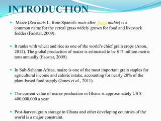 INTRODUCTION
 Maize (Zea mais L, from Spanish: maíz after Taíno mahiz) is a
common name for the cereal grass widely grown for food and livestock
fodder (Faostat, 2009).
 It ranks with wheat and rice as one of the world’s chief grain crops (Anon,
2012). The global production of maize is estimated to be 817 million metric
tons annually (Faostat, 2009).
 In Sub-Saharan Africa, maize is one of the most important grain staples for
agricultural income and caloric intake, accounting for nearly 20% of the
plant-based food supply (Jones et al., 2011).
 The current value of maize production in Ghana is approximately US $
400,000,000 a year.
 Post-harvest grain storage in Ghana and other developing countries of the
world is a major constraint.
 