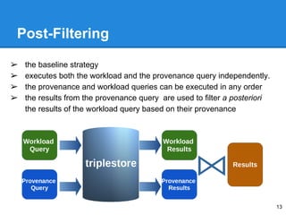 Post-Filtering
➢ the baseline strategy
➢ executes both the workload and the provenance query independently.
➢ the provenance and workload queries can be executed in any order
➢ the results from the provenance query are used to filter a posteriori
the results of the workload query based on their provenance
13
 
