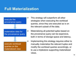 Full Materialization
16
execute the
provenance query
materialize data for
the provenance query
execute workload
queries on the
materialized view
➢ This strategy will outperform all other
strategies when executing the workload
queries, since they are executed as is on
the relevant subset of the data.
➢ Materializing all potential tuples based on
the provenance query can be expensive,
both in terms of storage space and latency.
➢ Implementing this strategy requires either to
manually materialize the relevant tuples and
modify the workload queries accordingly, or
to use a triplestore supporting materialized
views.
 