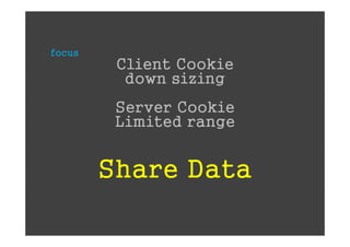 focus
         Client Cookie
          down sizing
         Server Cookie
         Limited range


        Share Data
 