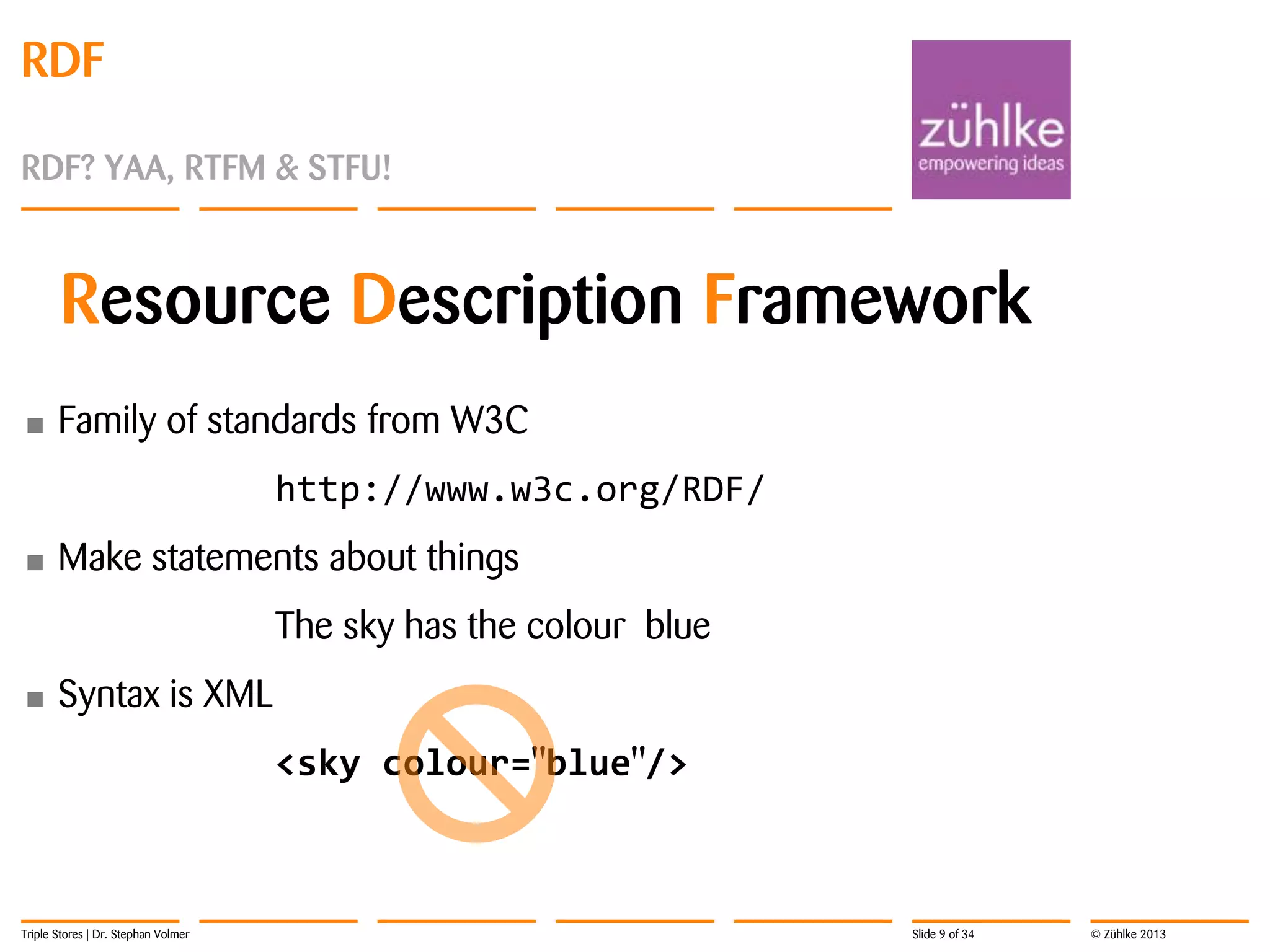 RDF
RDF? YAA, RTFM & STFU!

Resource Description Framework
•

Family of standards from W3C
http://www.w3c.org/RDF/

•

Make statements about things
The sky has the colour blue

•

Syntax is XML
<sky colour="blue"/>

Triple Stores | Dr. Stephan Volmer

Slide 9 of 34

© Zühlke 2013

 