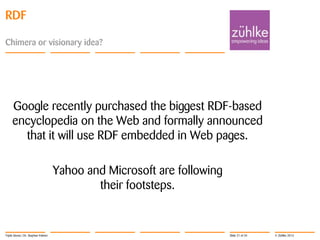 RDF
Chimera or visionary idea?

Google recently purchased the biggest RDF-based
encyclopedia on the Web and formally announced
that it will use RDF embedded in Web pages.
Yahoo and Microsoft are following
their footsteps.

Triple Stores | Dr. Stephan Volmer

Slide 21 of 34

© Zühlke 2013

 