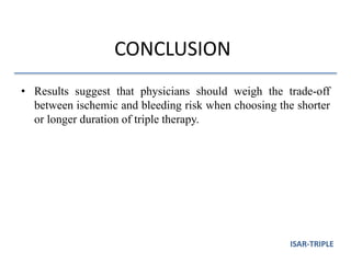 CONCLUSION
• Results suggest that physicians should weigh the trade-off
between ischemic and bleeding risk when choosing the shorter
or longer duration of triple therapy.
ISAR-TRIPLE
 