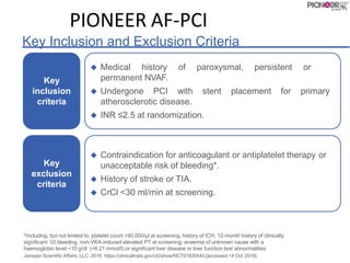 PIONEER AF-PCI
Key Inclusion and Exclusion Criteria
Key
inclusion
criteria
Key
exclusion
criteria
 Medical history of paroxysmal, persistent or
permanent NVAF.
 Undergone PCI with stent placement for primary
atherosclerotic disease.
 INR ≤2.5 at randomization.
*Including, but not limited to, platelet count <90,000/µl at screening, history of ICH, 12-month history of clinically
significant GI bleeding, non-VKA-induced elevated PT at screening, anaemia of unknown cause with a
haemoglobin level <10 g/dl (<6.21 mmol/l) or significant liver disease or liver function test abnormalities
Janssen Scientific Affairs, LLC. 2016. https://clinicaltrials.gov/ct2/show/NCT01830543 [accessed 14 Oct 2016]
 Contraindication for anticoagulant or antiplatelet therapy or
unacceptable risk of bleeding*.
 History of stroke or TIA.
 CrCl <30 ml/min at screening.
 