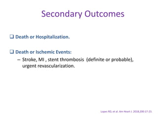 Secondary Outcomes
 Death or Hospitalization.
 Death or Ischemic Events:
– Stroke, MI , stent thrombosis (definite or probable),
urgent revascularization.
Lopes RD, et al. Am Heart J. 2018;200:17-23.
 