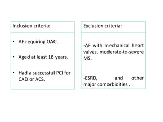 Inclusion criteria:
• AF requiring OAC.
• Aged at least 18 years.
• Had a successful PCI for
CAD or ACS.
Exclusion criteria:
-AF with mechanical heart
valves, moderate-to-severe
MS.
-ESRD, and other
major comorbidities .
 