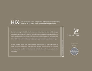 HIX:               An assessment of the complexities and opportunities emanating
                   from the ACA’s public health insurance exchange concept.




Change is coming to the U.S. health insurance market and the road will be bumpy.
Nowhere is the change more apparent than the current debate surrounding the state-run
public health insurance exchanges. Our research underscores that the Affordable Care
Act of 2010 underestimated the cost and complexity of establishing public exchanges.




                                                                                          INDUSTRY PERSPECTIVES
                                                                                                                  uncommon
In spite of these issues, new and unforeseen opportunities are emerging relative to
                                                                                                                   clarity
health insurance distribution. The application of retail, product design and customer
service expertise could be transformational relative to the health insurance market for
                                                                                                                  Q2 2011
individuals.
                                                                                                                  ReseaRch
 