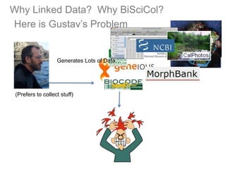 Why Linked Data? Why BiSciCol?
Here is Gustav’s Problem


                   Generates Lots of Data…




 (Prefers to collect stuff)
 