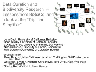 Data Curation and
Biodiversity Research --
Lessons from BiSciCol and
a look at the “Triplifier
Simplifier”


John Deck, University of California, Berkeley
Brian Stucky, University of Colorado, Boulder
Lukasz Ziemba, University of Florida, Gaineseville
Nico Cellinese, University of Florida, Gainesville
Rob Guralnick, University of Colorado, Boulder
BiSciCol Team
Reed Beaman, Nico Cellinese, Jonathan Coddington, Neil Davies, John
   Deck, Rob
Guralnick, Bryan P. Heidorn, Chris Meyer, Tom Orrell, Rich Pyle, Kate
   Rachwal, Brian
Stucky, Rob Whitton, Lukasz Ziemba
 
