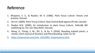 Reference
1. Bhojwani, S. S., & Razdan, M. K. (1986). Plant tissue culture: theory and
practice. Elsevier.
2. De K.K. (2003). Plant Tissue Culture. New Central Book agency (P) Ltd, Calcutta.
3. Razdan M.K. (2000). An introduction to plant tissue Culture. Oxford& IBH
publishing Co. Pvt. Ltd. New Delhi, Calcutta.
4. Wang, X., Cheng, Z. M., Zhi, S., & Xu, F. (2016). Breeding triploid plants: a
review. Czech Journal of Genetics and Plant Breeding, 52(2), 41-54.
5. https://www.ehow.com/info_12013003_triploid-plants.html
 