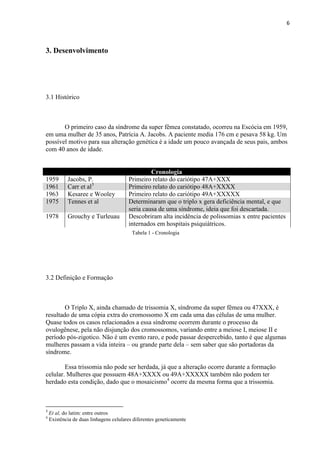 6
3. Desenvolvimento
3.1 Histórico
O primeiro caso da síndrome da super fêmea constatado, ocorreu na Escócia em 1959,
em uma mulher de 35 anos, Patrícia A. Jacobs. A paciente media 176 cm e pesava 58 kg. Um
possível motivo para sua alteração genética é a idade um pouco avançada de seus pais, ambos
com 40 anos de idade.
Cronologia
1959 Jacobs, P. Primeiro relato do cariótipo 47A+XXX
1961 Carr et al3
Primeiro relato do cariótipo 48A+XXXX
1963 Kesaree e Wooley Primeiro relato do cariótipo 49A+XXXXX
1975 Tennes et al Determinaram que o triplo x gera deficiência mental, e que
seria causa de uma síndrome, ideia que foi descartada.
1978 Grouchy e Turleuau Descobriram alta incidência de polissomias x entre pacientes
internados em hospitais psiquiátricos.
3.2 Definição e Formação
O Triplo X, ainda chamado de trissomia X, síndrome da super fêmea ou 47XXX, é
resultado de uma cópia extra do cromossomo X em cada uma das células de uma mulher.
Quase todos os casos relacionados a essa síndrome ocorrem durante o processo da
ovulogênese, pela não disjunção dos cromossomos, variando entre a meiose I, meiose II e
período pós-zigotico. Não é um evento raro, e pode passar despercebido, tanto é que algumas
mulheres passam a vida inteira – ou grande parte dela – sem saber que são portadoras da
síndrome.
Essa trissomia não pode ser herdada, já que a alteração ocorre durante a formação
celular. Mulheres que possuem 48A+XXXX ou 49A+XXXXX também não podem ter
herdado esta condição, dado que o mosaicismo4
ocorre da mesma forma que a trissomia.
3
Et al, do latim: entre outros
4
Existência de duas linhagens celulares diferentes geneticamente
Tabela 1 - Cronologia
 
