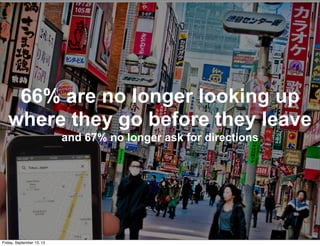 66% are no longer looking up
where they go before they leave
and 67% no longer ask for directions
Friday, September 13, 13
 