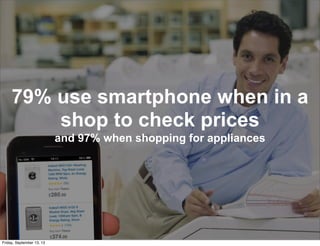 79% use smartphone when in a
shop to check prices
and 97% when shopping for appliances
Friday, September 13, 13
 