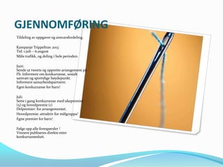 GJENNOMFØRING
Tildeling av oppgaver og ansvarsfordeling.

Kampanje Trippeltrav 2013
Tid: 1.juli – 6.august
Måle trafikk, og deling i hele perioden.

Juni:
Sende ut tweets og opprette arrangement på
Fb. Informere om konkurranse, sosialt
samvær og sportslige høydepunkt.
Informere samarbeidspartnere.
Egen konkurranse for barn!

Juli:
Sette i gang konkurranse med ukepremier
(5) og hovedpremie (1)
Delpremier: for arrangementet.
Hovedpremie: attraktiv for målgruppa!
Egne premier for barn!

Følge opp alle forespørsler !
Vinnere publiseres direkte etter
konkurranseslutt.
 