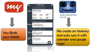 Tripper
Create, track and share
your trip
You Travel
The app tracks
and Travel along.
 