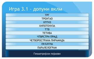 Игра 3.1 – допуни вклм
Геометријски појмови
ТРГ
ТРОУГАО
ХПТНЗ
ХИПОТЕНУЗА
ТТВ
ТЕТИВА
ЧТВРСТРН ПРМД
ЧЕТВОРОСТРАНА ПИРАМИДА
ПРЛЛГРМ
ПАРАЛЕЛОГРАМ
 