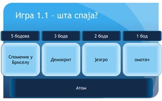 Крећемо!
Игра 1.1 – шта спаја?
Споменик у
Бриселу
Демокрит језгро омотач
Атом
5 бодова 3 бода 2 бода 1 бод
 