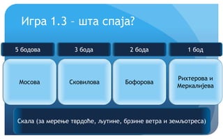 Крећемо!
Игра 1.3 – шта спаја?
Мосова Сковилова Бофорова
Рихтерова и
Меркалијева
Скала (за мерење тврдоће, љутине, брзине ветра и земљотреса)
5 бодова 3 бода 2 бода 1 бод
 